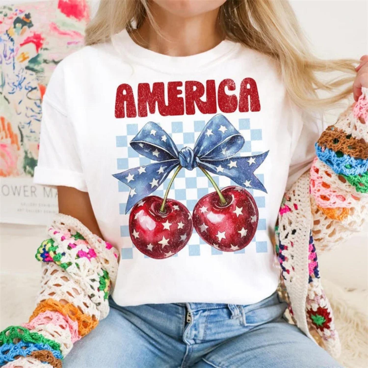 

America Cherry Patriotic Women s T-Shirt Printed Top Basic Summer Tee Short Sleeved O-Neck Female Clothing Fashion Trendy Tee XXXXXL білий