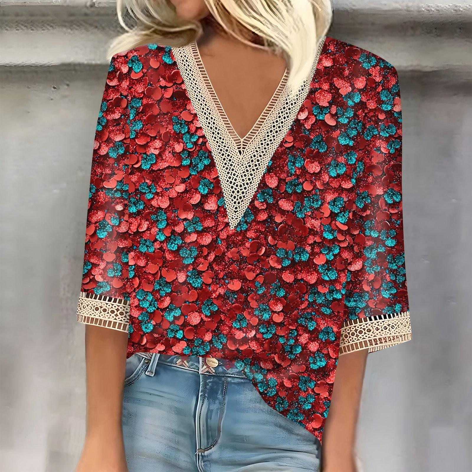 

Женский кружевной топ с винтажным принтом и рукавами три четверти XL красный