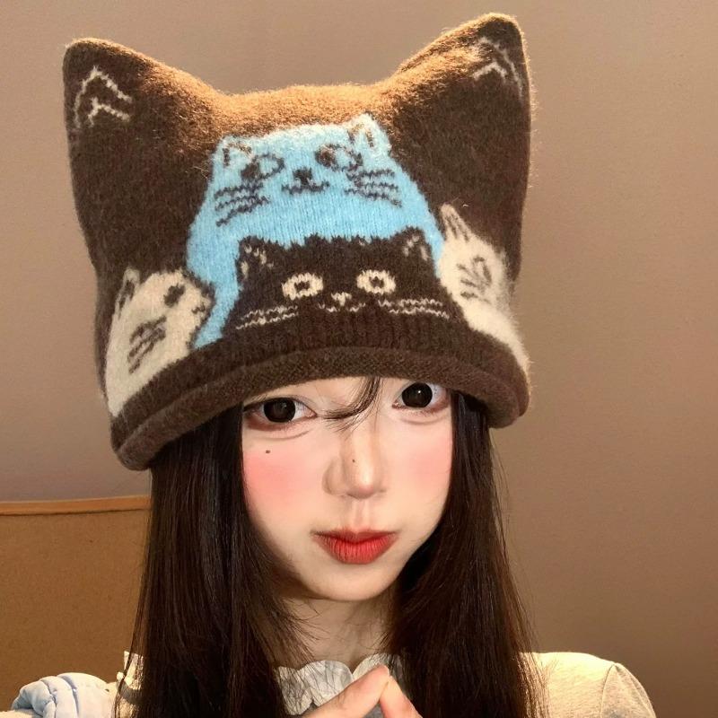 Cute Cat Jacquard Cat Ears Knitted Hat Female Autumn and Winter Cartoon Face Small Wool Hat Warm Bag Head Hat