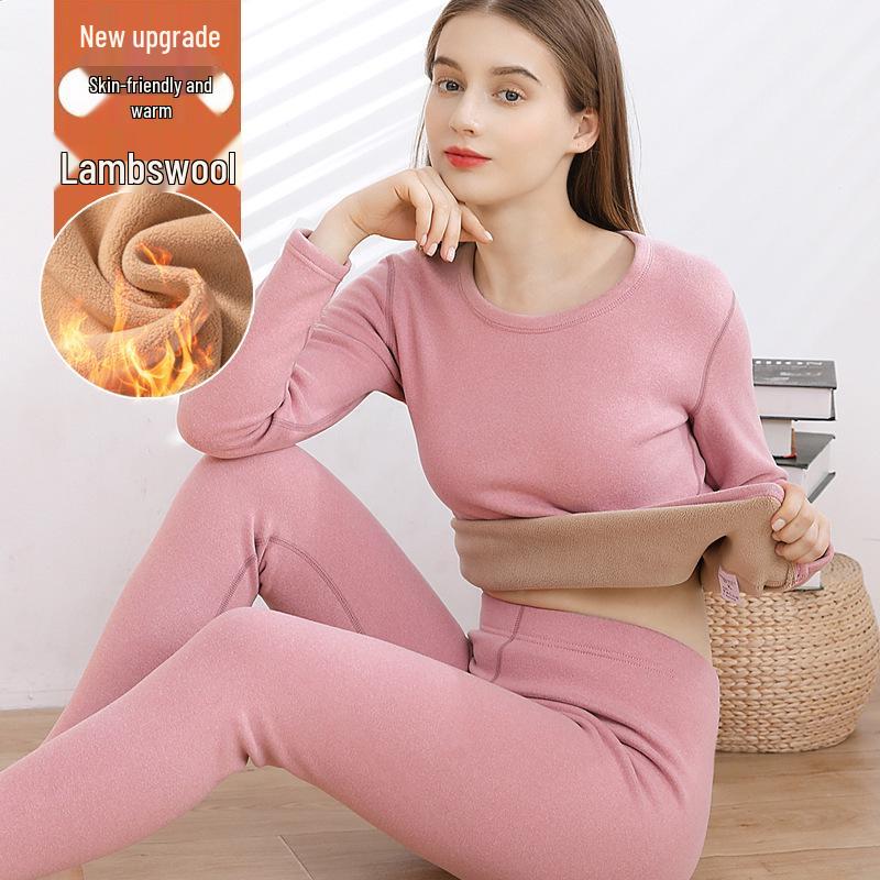 Women's Autumn Lambswool & Fleece Thermal Set: 460g Brushed Velvet Top & Bottoms for Cold Weather