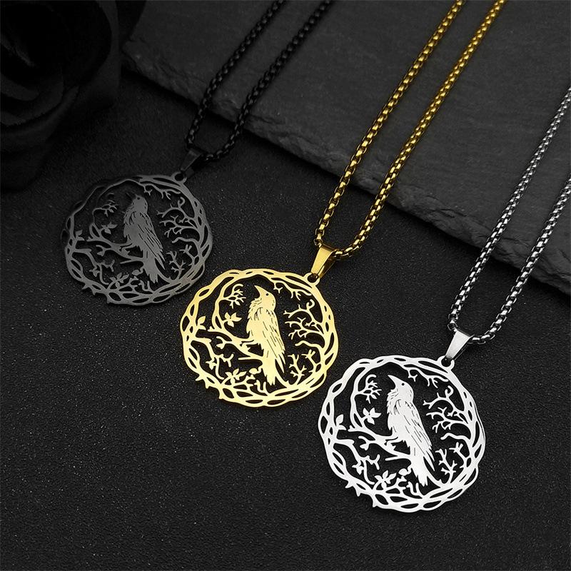 Raven Birds Pendant Necklace Women Men Stainless Steel Black Color Love Flower Of Life Knight Chain Jewelry Gifts
