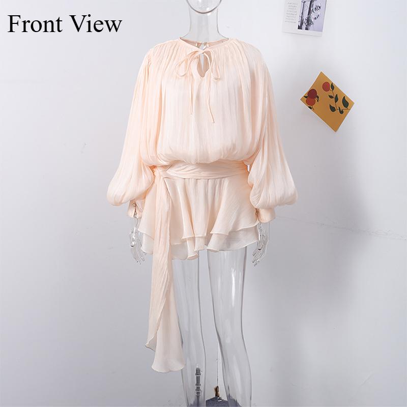 Elegant Lace Up Women's Dress Lantern Sleeve V Neck Loose Mini Female Dresses Solid Color Shining Lady Dress