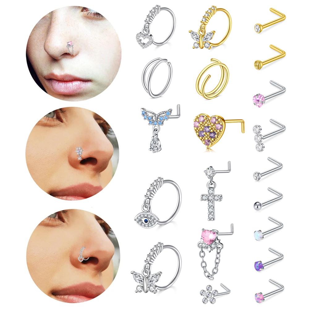 10Pcs Nose Rings Studs Surgical Steel 18 20G Nose Hoop Corkscrew L Shaped Nose Piercing Jewelry for Women