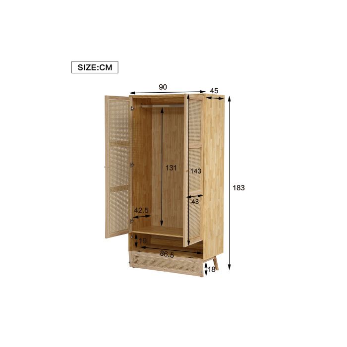 Kleiderschrank mit Kleiderstange, Rattangeflecht, Wohnzimmer, mit klappbarem Boden, Spanplatte + PE-Rattan, Farbe Natur