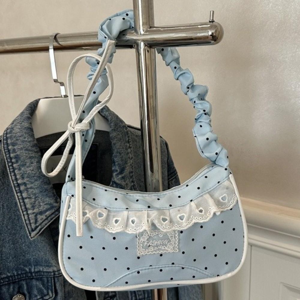 Drawstring Polka Dot Shoulder Bag Stretchable Strap French Stick Handbag Women
