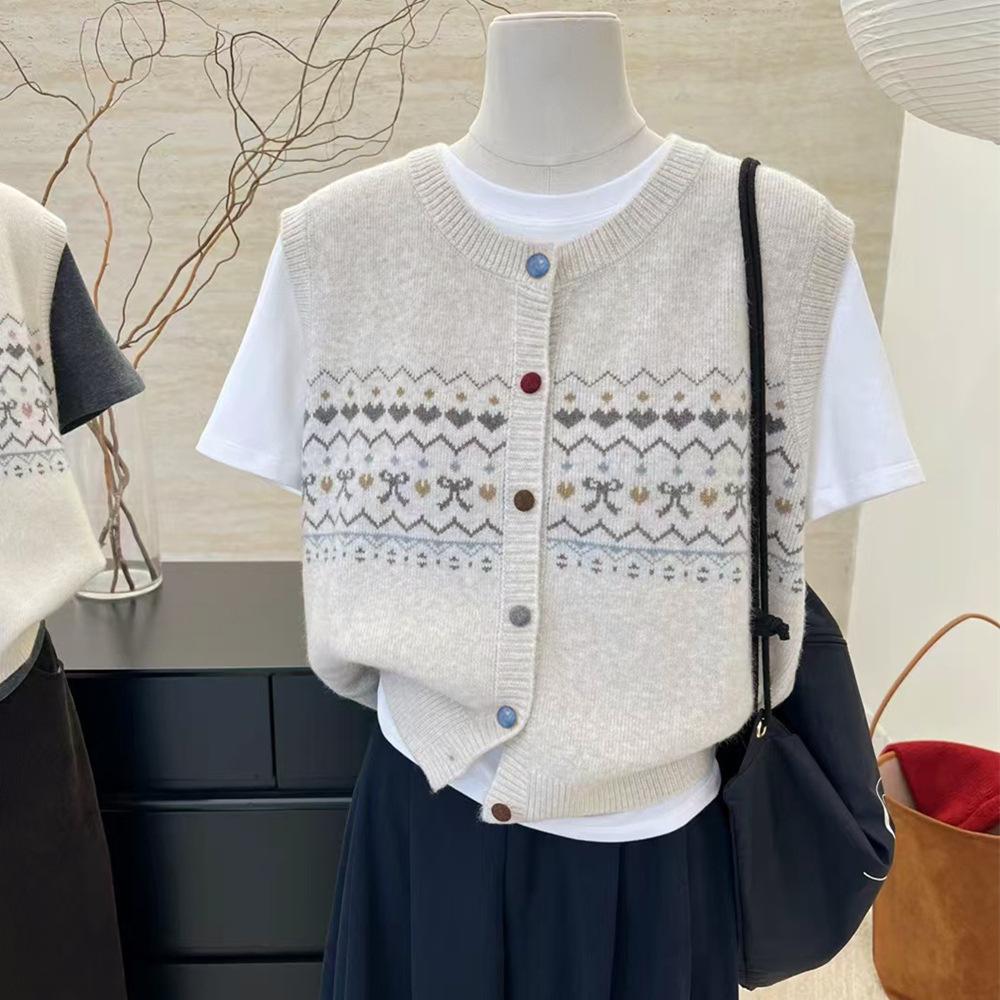 Retro Jacquard Layering Sleeveless Vest Knit Waistcoat For Women Autumn Winter New Style Color Block Single Breasted Top Cardig
