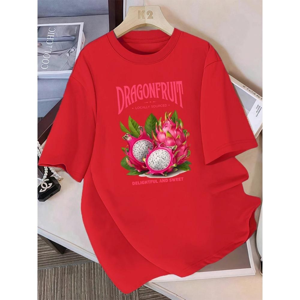 

Summer T-shirt Women s Dragon Fruit Printed Top Soft Round Neck Casual Short Sleeve T-shirt Basic Women s Clothing S