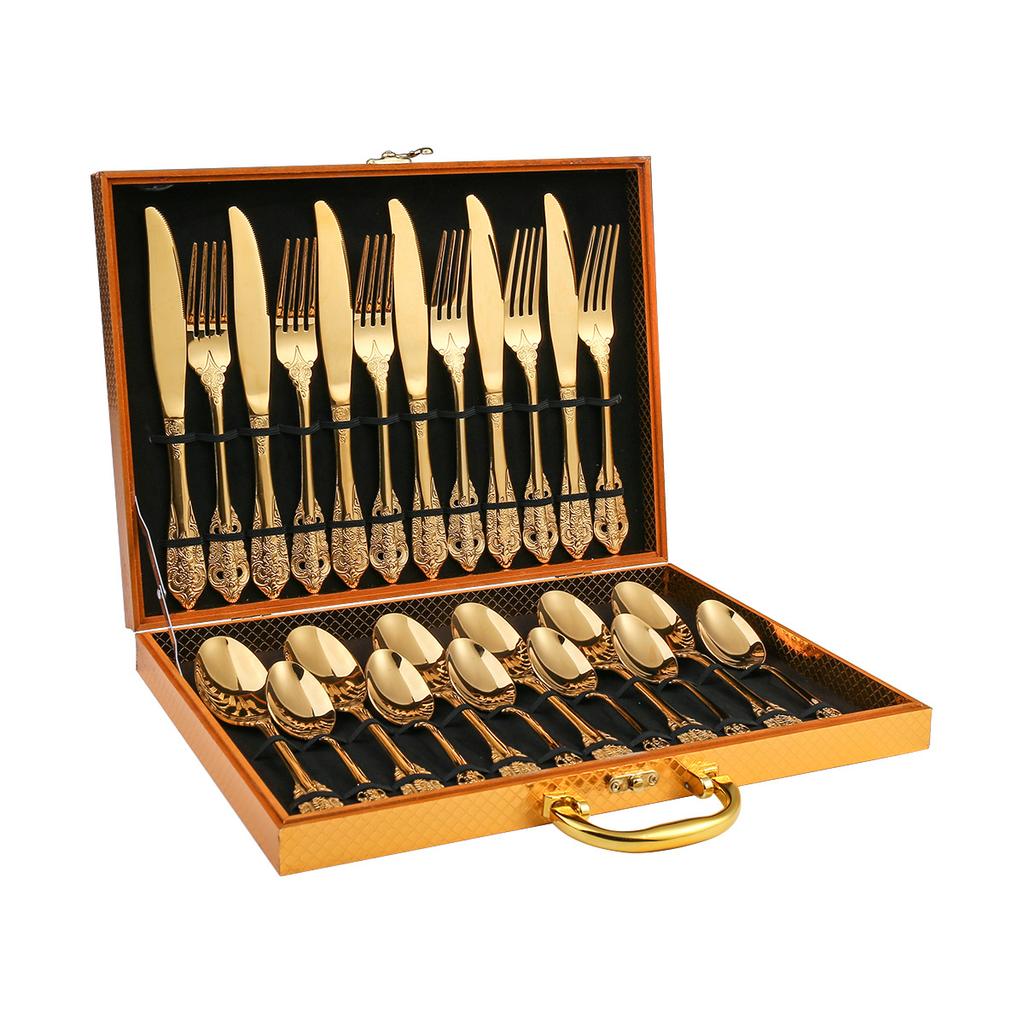 Stainless Steel Relievo Tableware Set, Banquet Western Tableware, Golden Gift Box, Retro Knife, Fork, Spoon, 24 Pcs