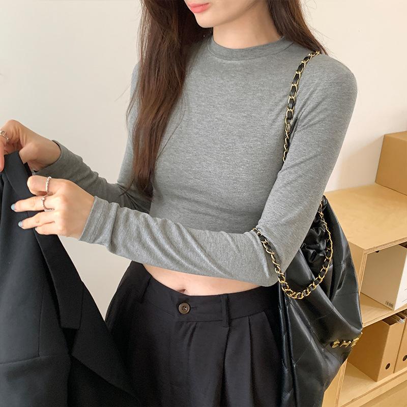 Slim Slim Long-sleeved T-shirt for Women Early Autumn New Solid Color Navel-baring Inner Layered Shirt Round Neck Short Top
