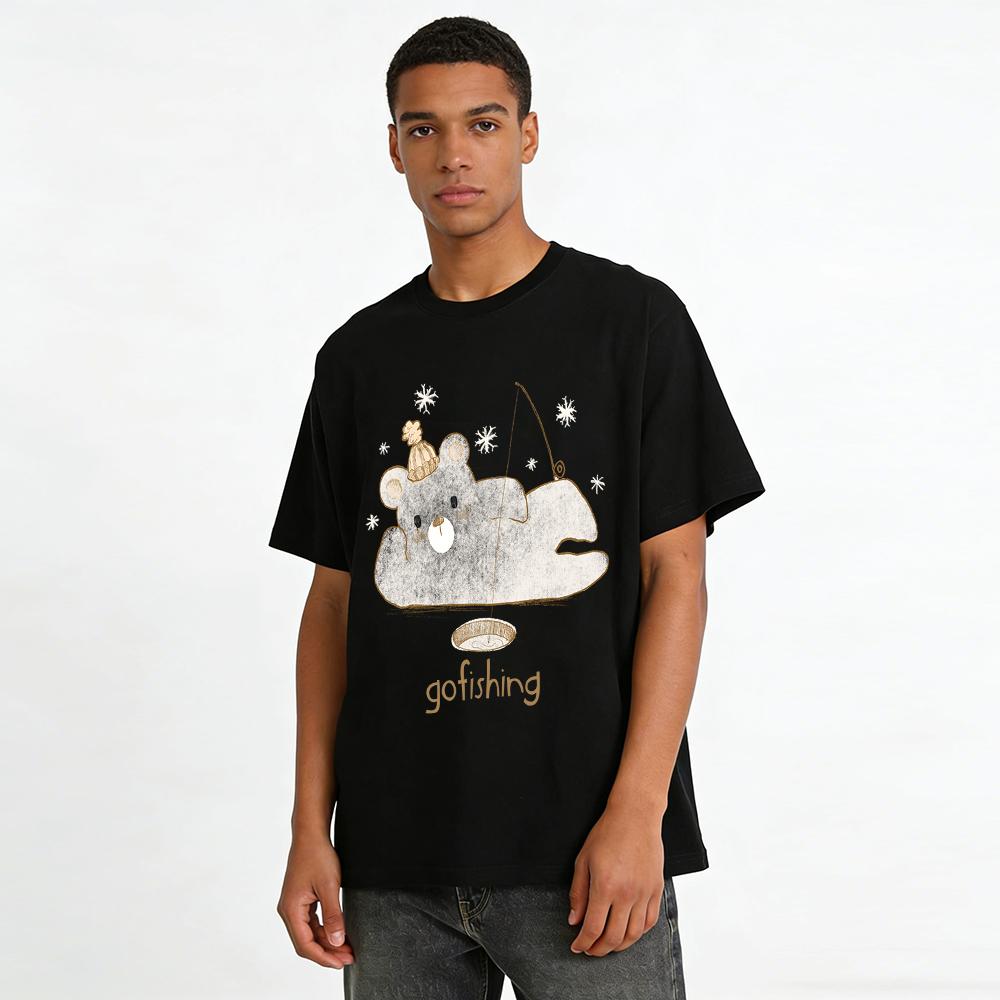 Cute Bear Go Fishing Print Casual Top Unisex Loose Fit Cotton T-Shirt For Daily Commute Pure cotton T-shirt
