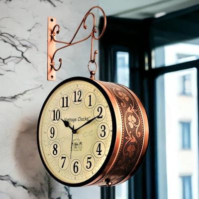 (8 INCH - Two Side English Numbers) Vintage Clock Iron Handcrafted Double Side Clock Rose Gold Finish Floral Design