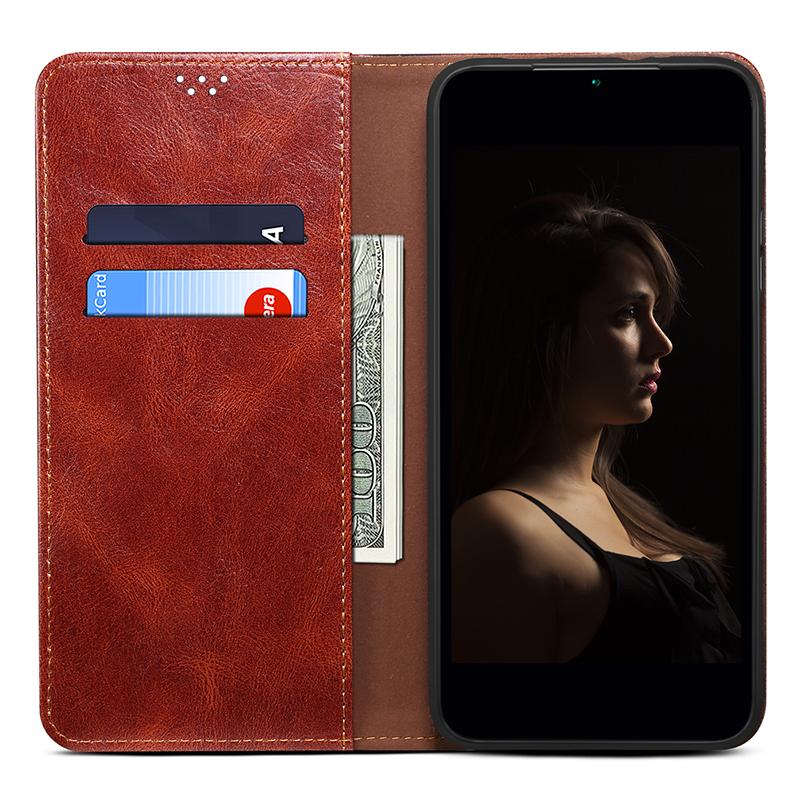 

For iPhone 15 Pro Max Waxy Crazy Horse Texture Phone Cover Stand Wallet PU Leather Cell Phone Case Brown