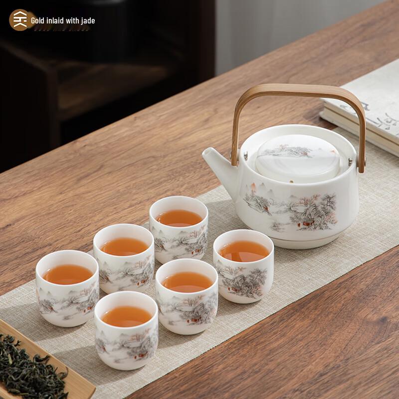 Gold Inlaid Jade White Porcelain Tea Set
