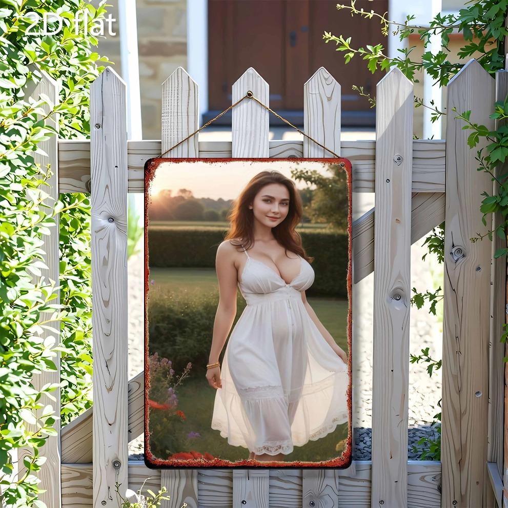 Vintage Metal Tin Sign - Farmhouse Wall Art Rustic White Dress Woman Decor for Bedroom Bar Garage Outdoor