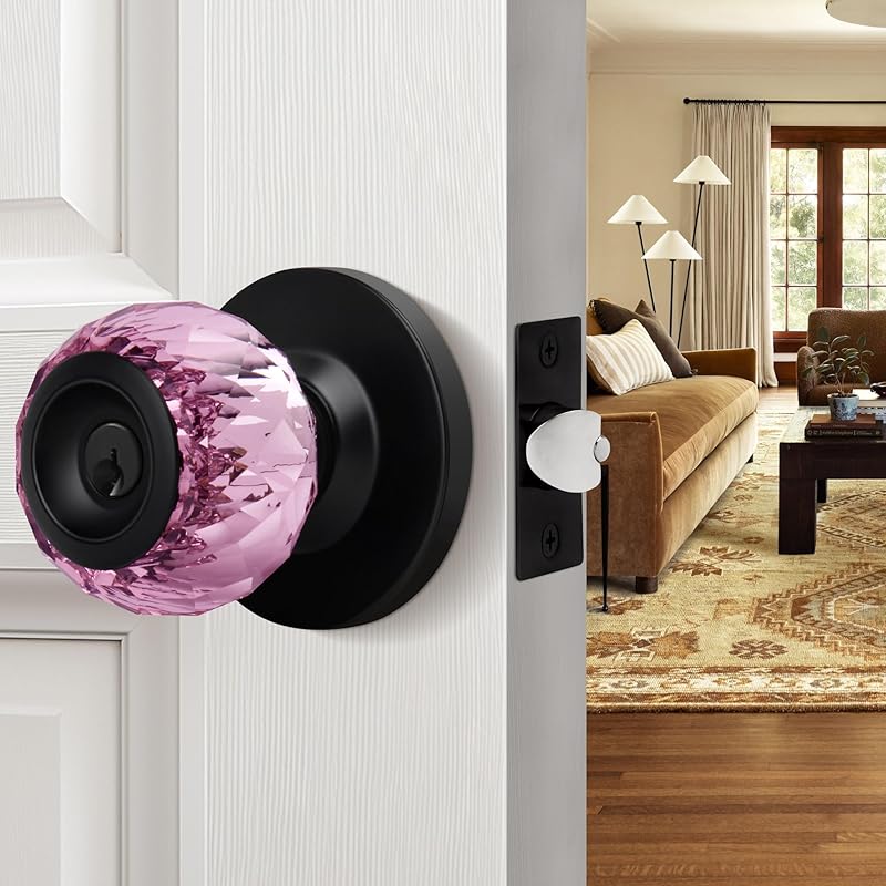 Privacy Crystal Door Knob, Gold Vintage Crystal Door Knob with Privacy Lock, Glass Doorknob Interior for Bathroom, Bedroom, Satin Brass