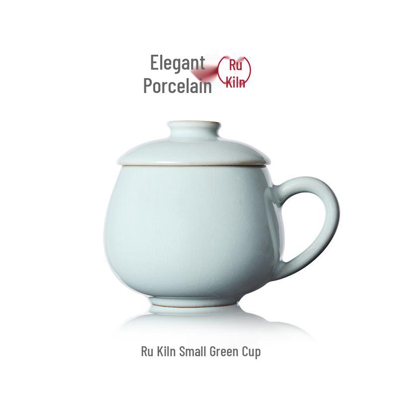 Ru Kiln Celadon Ceramic Tea Cup with Lid and Handle - Gift Boxed