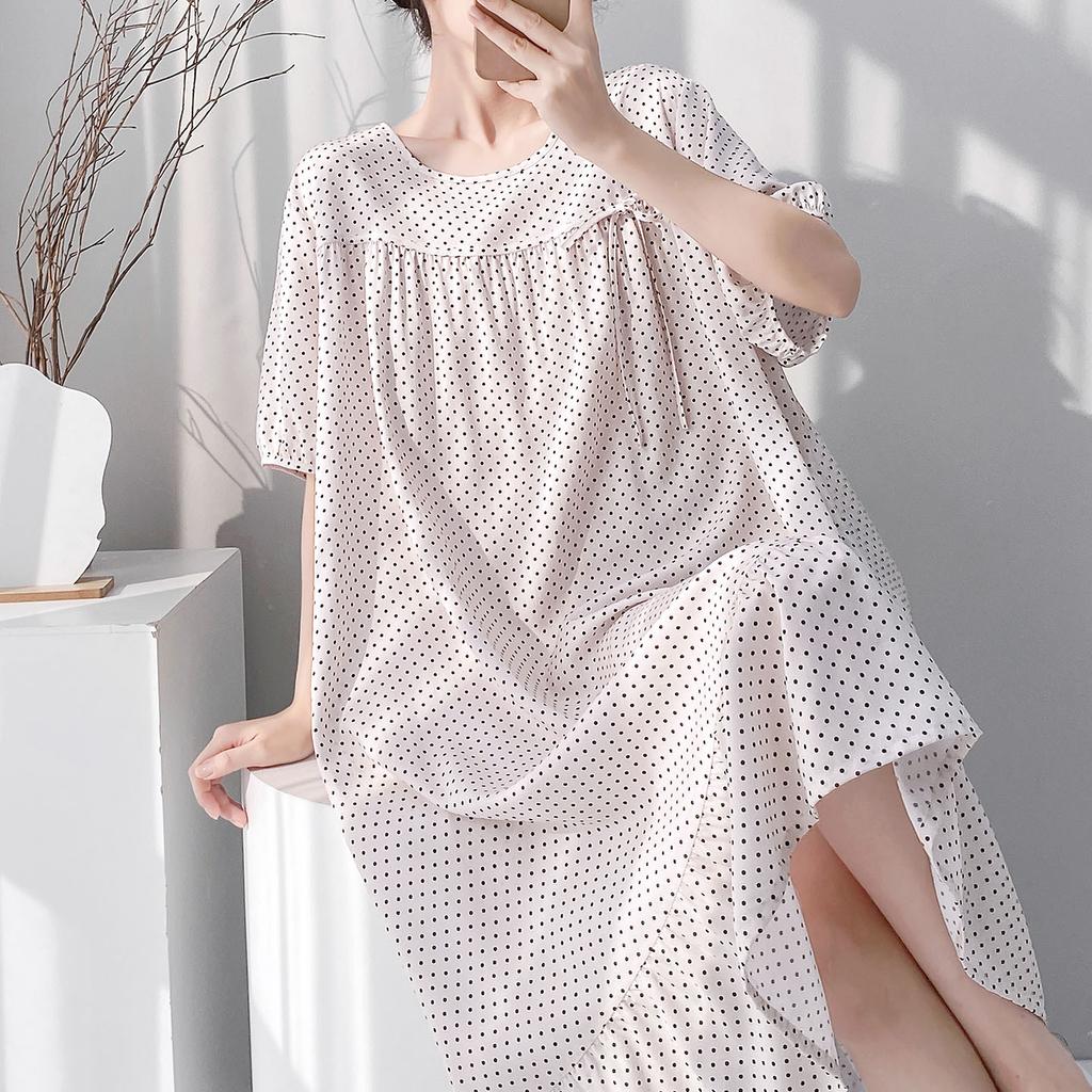 Retro polka dot cotton and silk nightdress women's summer loose large size literary and artistic fan medium and long loungewear can be worn outside
