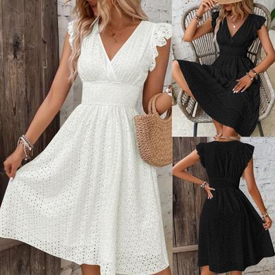 A Summer Women's Dress with Lotus Leaf Sleeves V-neck and Openwork Embroidery