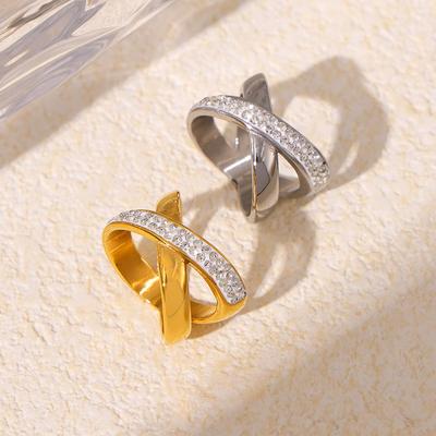 Simple Personality X-Shaped Diamond Ring Wind Geometric Irregular Design Titanium Steel Plated With 18K Real Gold