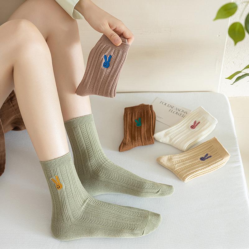 Female Spring and Autumn Solid Color Striped Bunny Embroidery Boneless Drum Pile Pile Socks