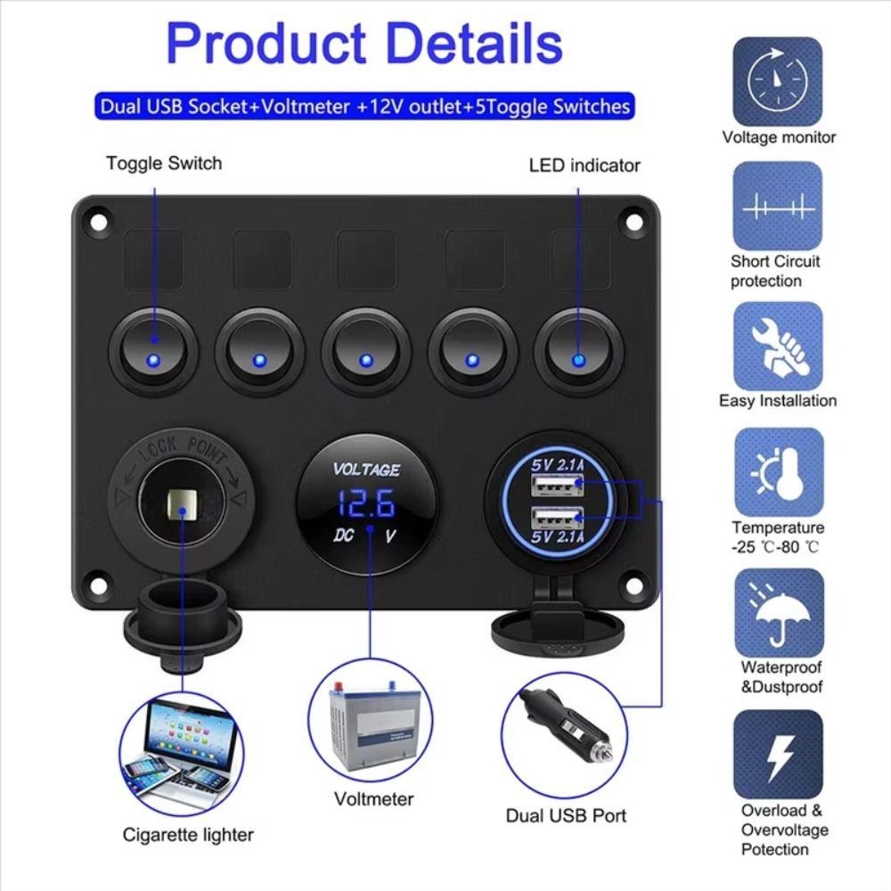 Dual USB Socket 5 Gang Switch Panel 12V/24V ON-OFF Toggle For Car Inline Fuse Box  Truck