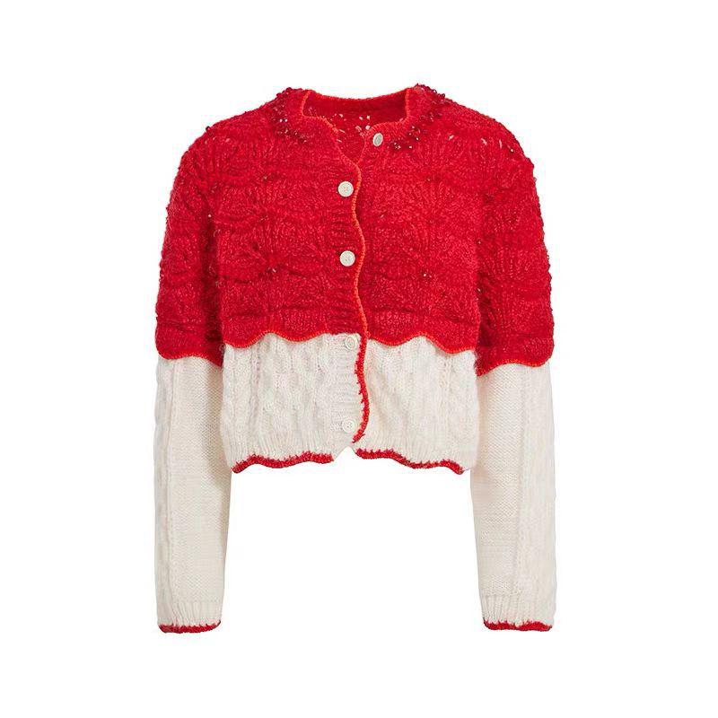 Zhou Ye Zodiac Red Knit Cardigan - French Retro Design, Color Block Top for Spring.