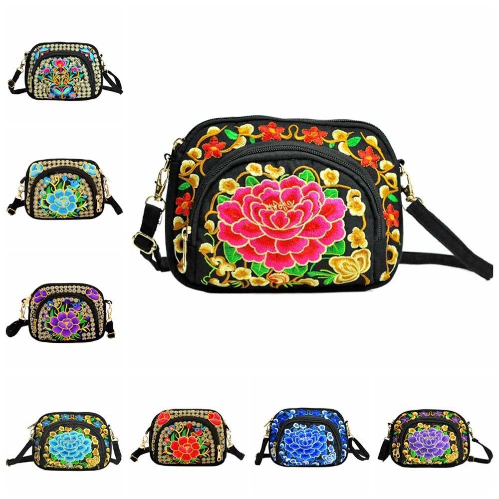 Peony Embroidery Flower Shoulder Bag Canvas Zipper Flower Purse Wallets  Daily