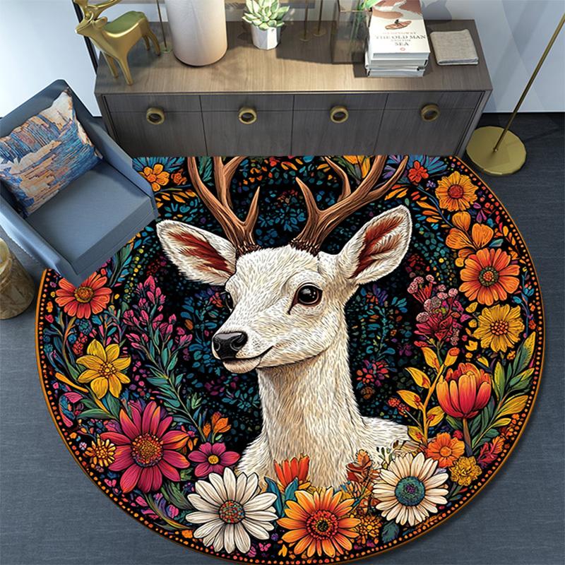 Deer Floral Round Area Rug,Carpet Rug for Living Room Bedroom Sofa Playroom Decor,Non-slip Floor Mat
