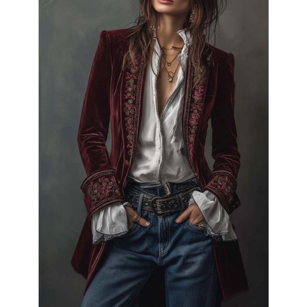 Women's European American Style Solid Color Patchwork Lace Velvet Long Sleeve Coat