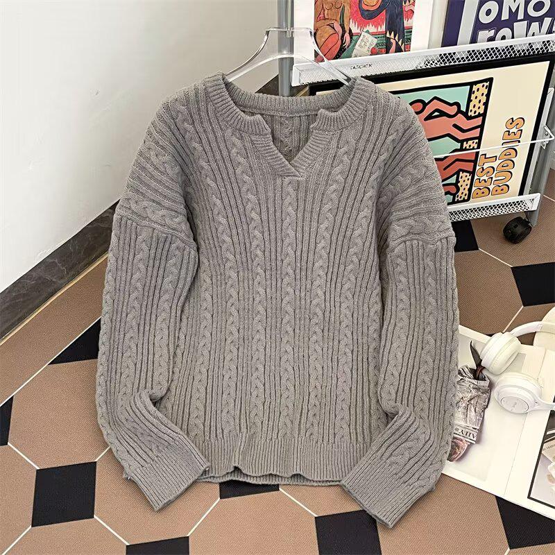 2025 Men's Thick V-Neck Cable Knit Loose Casual Sweater for Autumn