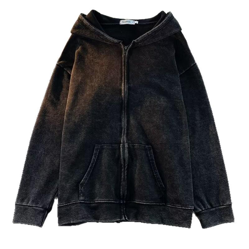 Men's Retro Oversized Distressed Hooded Sweatshirt Jacket - Spring/Autumn Loose Fit Zipper Cardigan