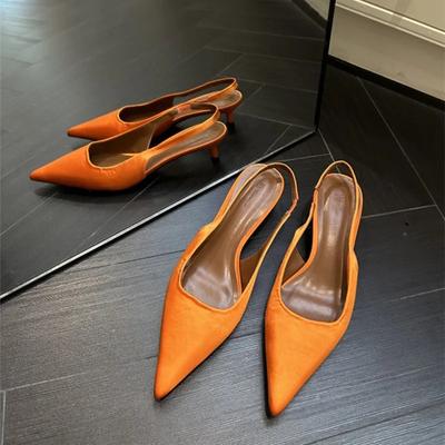 Fashion 2024 Autumn Pointed Toe Satin Women Pumps Sexy Thin High Heel Mules Shoes Covered Head Back Trip Strap Dress High Heel Sandals