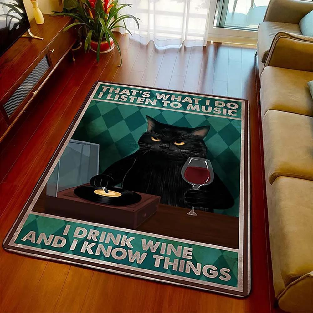 Schwarze Katze Retro Bereichsteppich Teppich Wohnzimmer Heimdeko Sofa Teppich Rutschfest Stuhlkissen Lounge Matte Halloween Hexen Dekoration