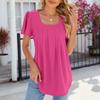 Women's Fashion Solid Color Square Neck Pleated Short Sleeved Loose T-shirt Top