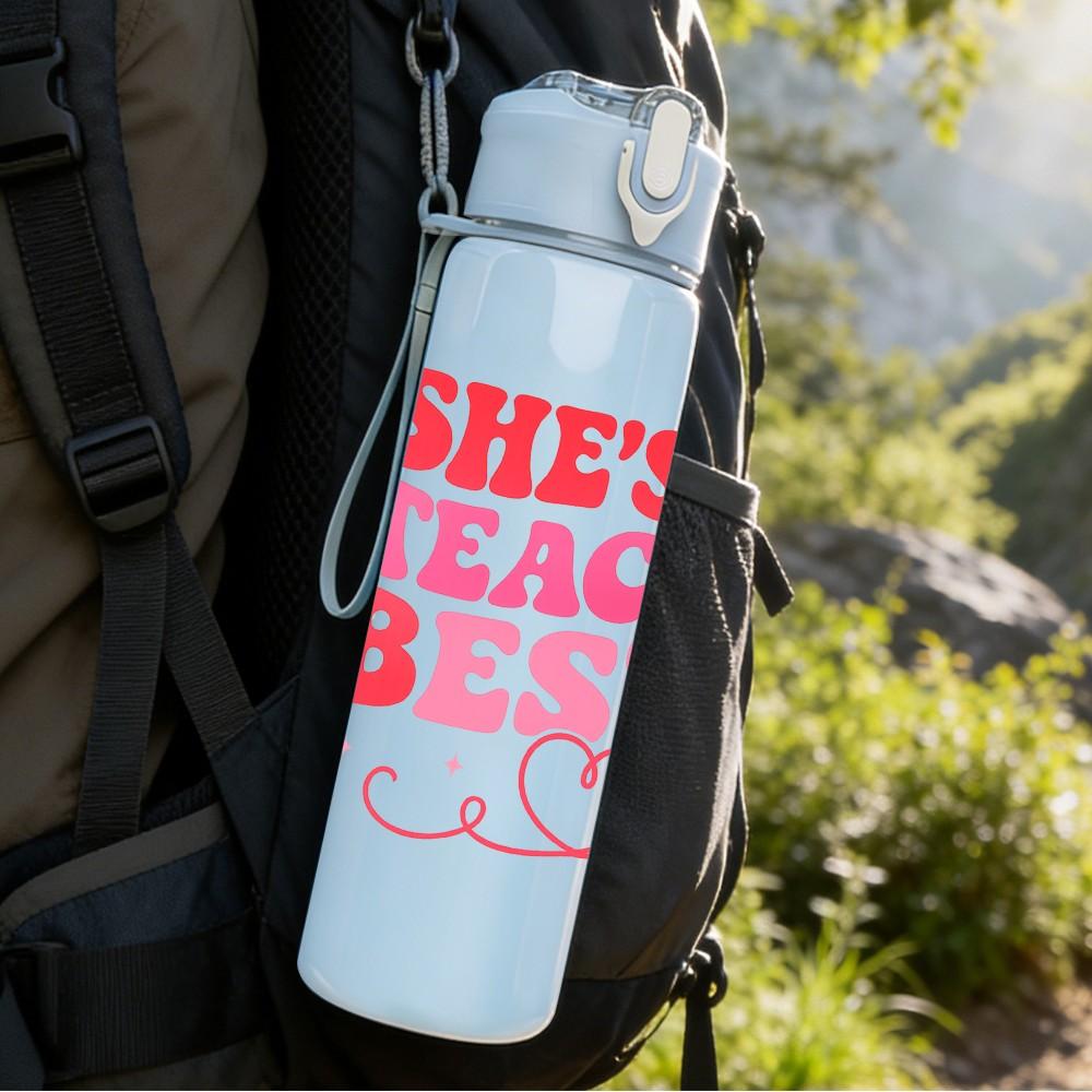 1PC Shes My Teacher Bestie Text 750ml Color Plastic Sports Water Bottle Leakproof Flip Straw Lid Suitable for Sports Office Home Use