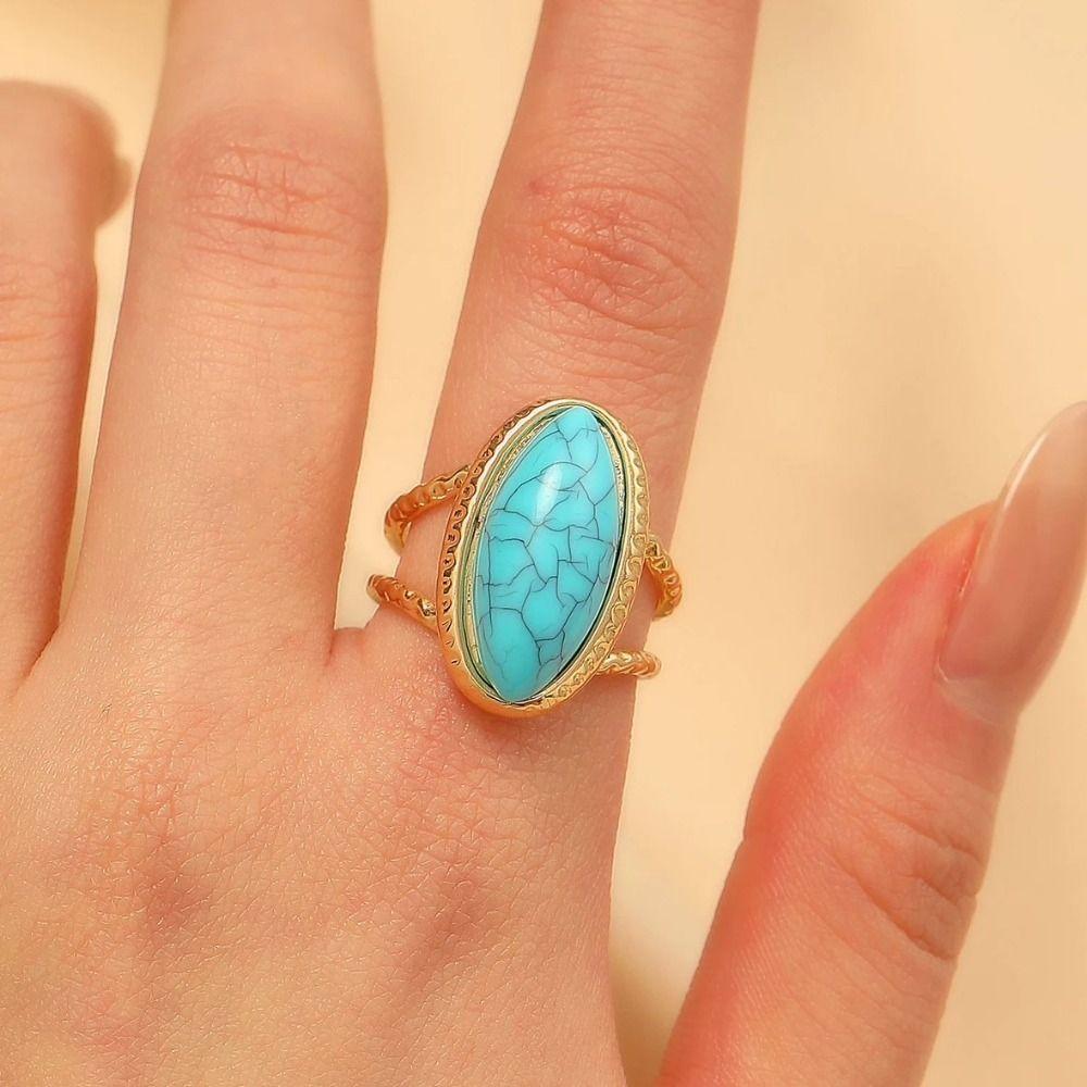 Korean Style Turquoise Metal Ring Geometric Wide Finger Buckle Retro Geometric Open Ring  Women