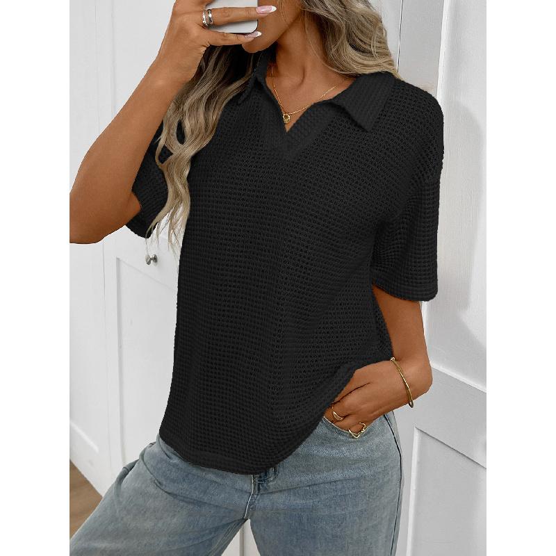 2026 Women's Turn-down Collar Solid Color Knitted Pullover Loose Short Sleeve Casual T-shirt