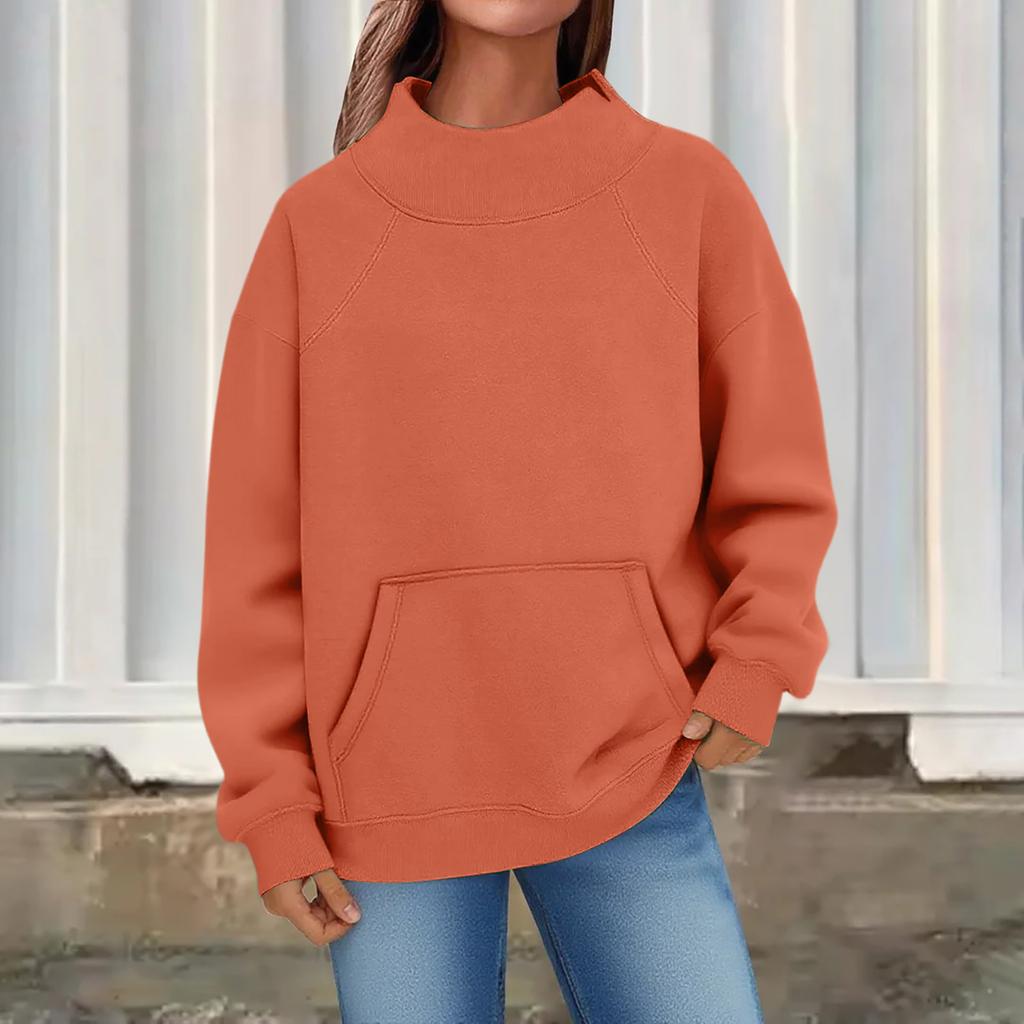 Women's Fashion Oversized Fleece-Lined Long-Sleeve High-Neck Pullover Solid Color Sweatshirt