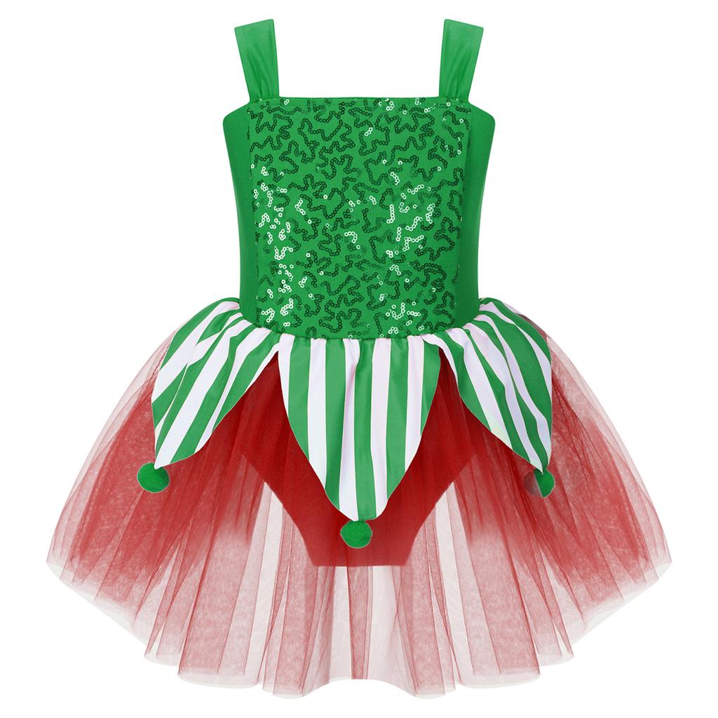 Girls Christmas Jumpsuit Shiny Sleeveless Design Jagged Pompoms Tulle Skirt Costume Cosplay Dance Wear