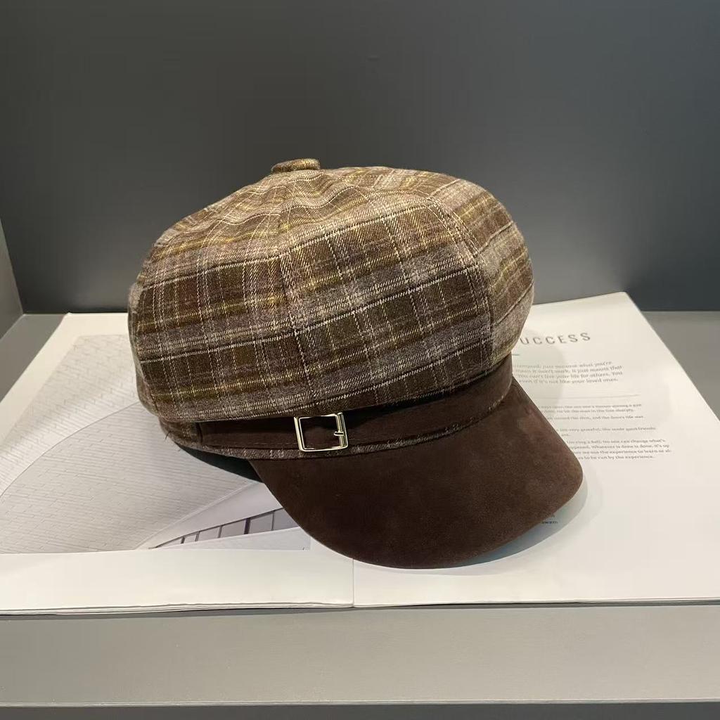 Korea's New Autumn and Winter Woolen Octagonal Hat for Women Plaid Large Head Circumference   Face Showing  Small Suede Painter's Hat