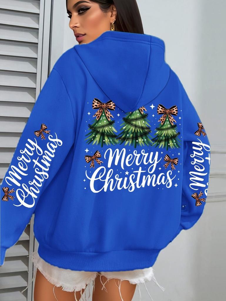 Merry Christmas Bow Tree Pattern Women'S Hoodie Casual Hoodie Autumn Hooded Sweater