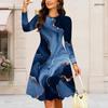 Women Plus Size Round Neck Long Sleeve Dark Teal Navy Gold Printed A Line Flared Dress