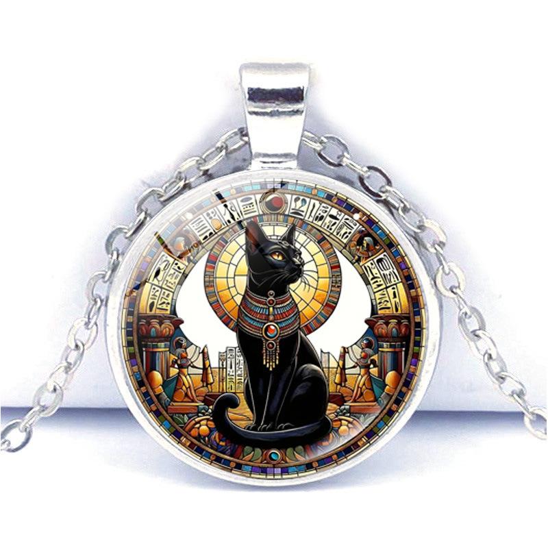 

Ancient Egyptian Geometry Circle Buster Cat Time Gemstone Pendant Necklace for Women Retro Sweater Chain Animal Creative Jewelry