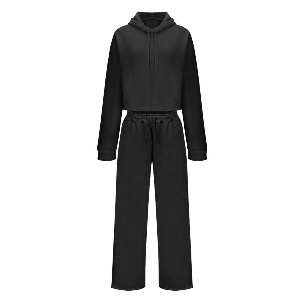 Modisches Damen-Kurz-Kapuzensweatshirt mit Batikmuster und Weitbein-Hose im Anzug