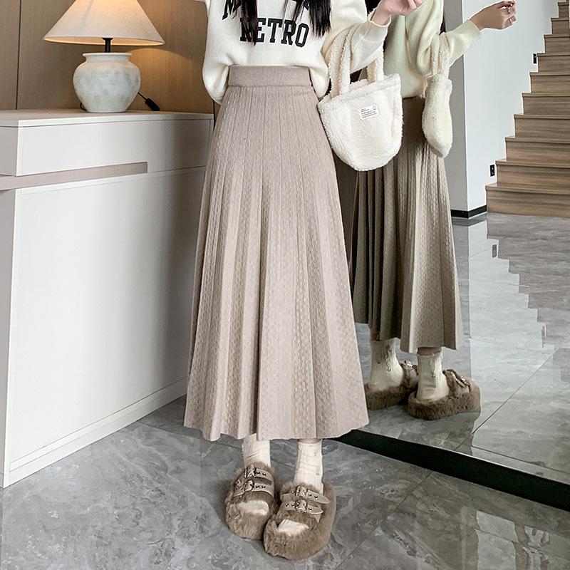 Autumn and Winter Solid Color Knitted Half Skirt for Women Elastic Waist Versatile A-line Skirt