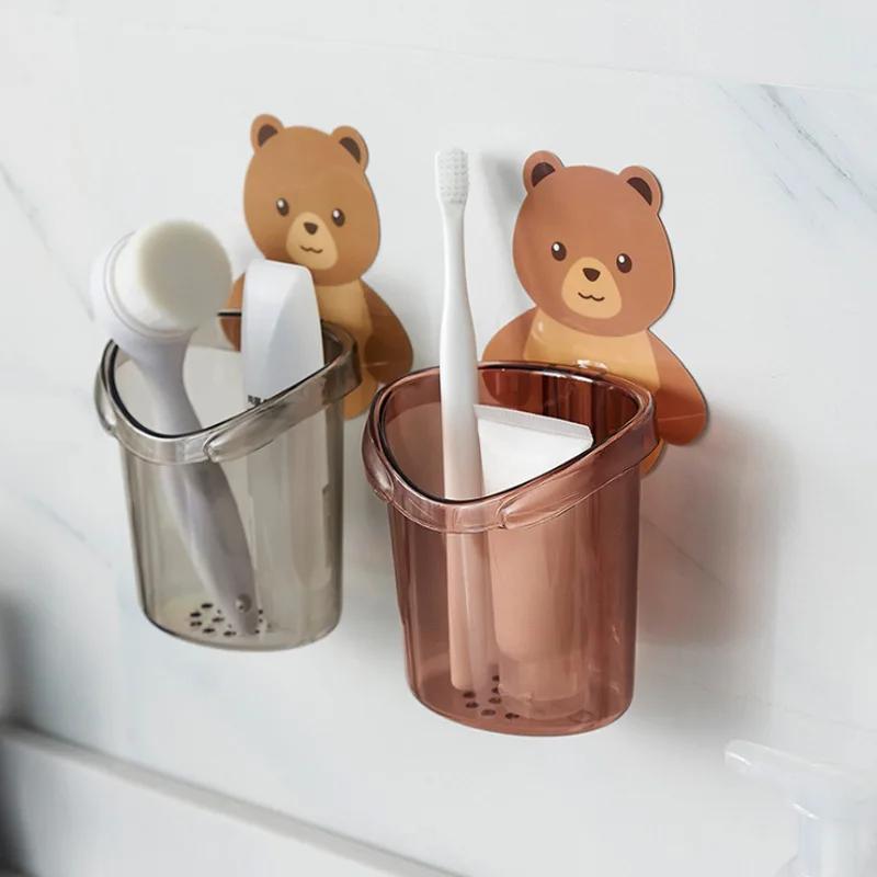 1Pcs Teddy Bear Wall Mounted Toothbrush Holder Cup Punch Free  Rack Bathroom Supplies Organizer Bathroom Accessories Banheiro