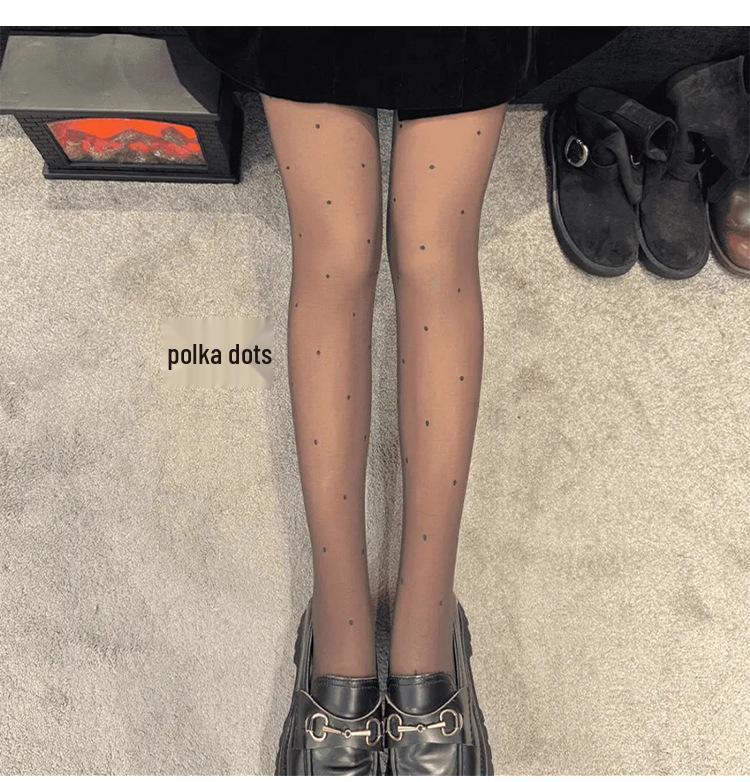 Polka Dot Black Fleece-Lined Fishnet Tights for Women – Double-Layer, See-Through Leggings for Autumn and Winter.
