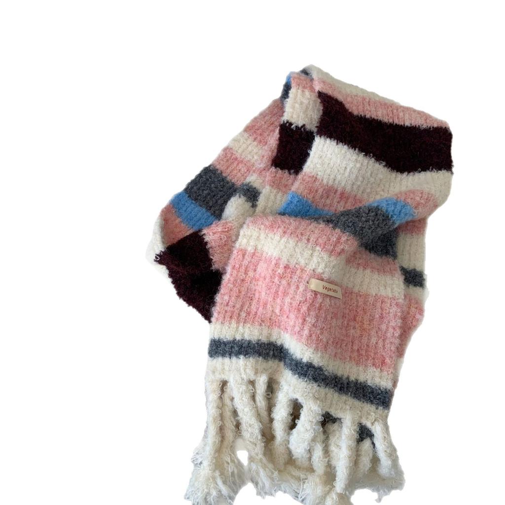 New colorful and versatile contrasting color warm scarf women's winter stripe wide version durable fashion knitted scarf