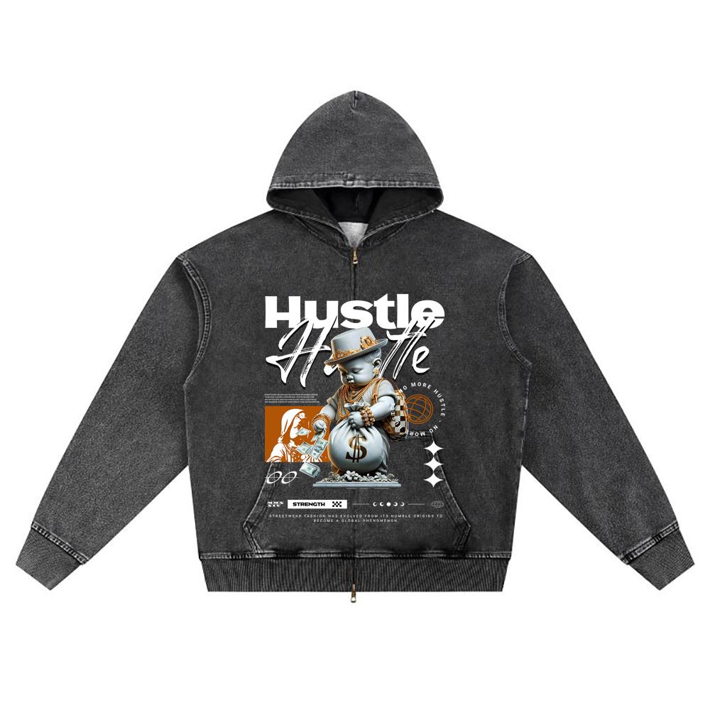 

DTG print Knitted Denim Zip-Up Hoodie No More Hustle Brother Print Zipper Hoodies S