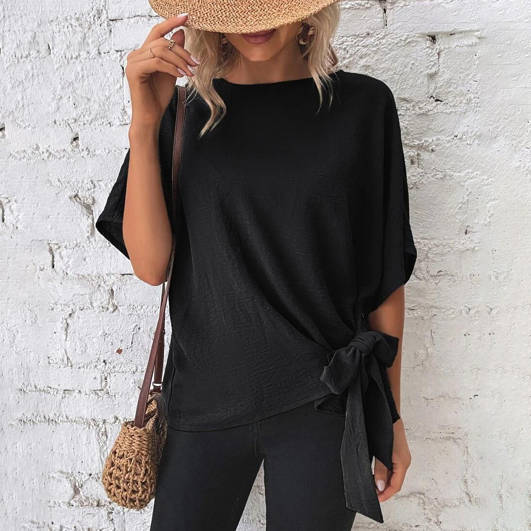 Летняя женская мода, однотонный свободный топ с рукавами «летучая мышь» и завязками L чёрный